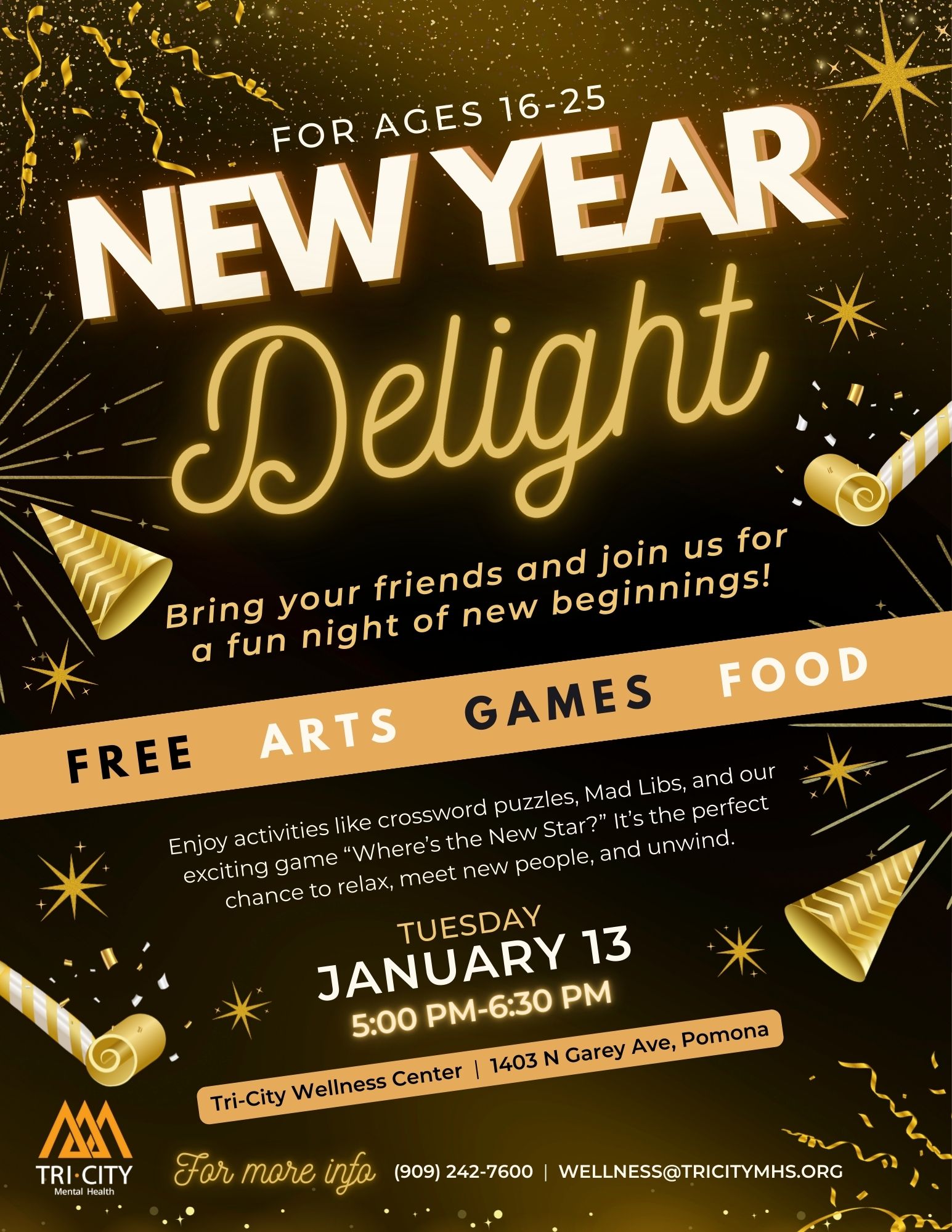 New Year Delight event for ages 16-25 on January 13 from 5:30pm to 7:30pm at the Wellness Center