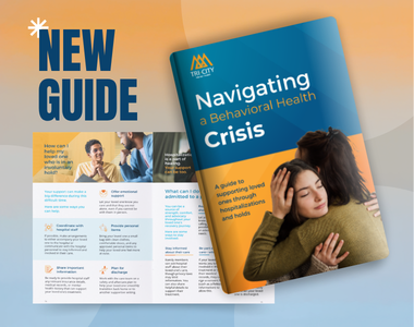 New Hospitalization Guide available for community. Photo includes a colorful gradient background and image of the front cover of the guide which features a young woman being embraced by an older female. Also has a screenshot of a page section about 